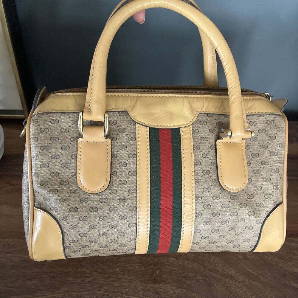 GUCCI Micro GG Sherry Line  Shoulder Bag Brown PVC & Leather Vintage Rare Tan - Picture 7 of 15